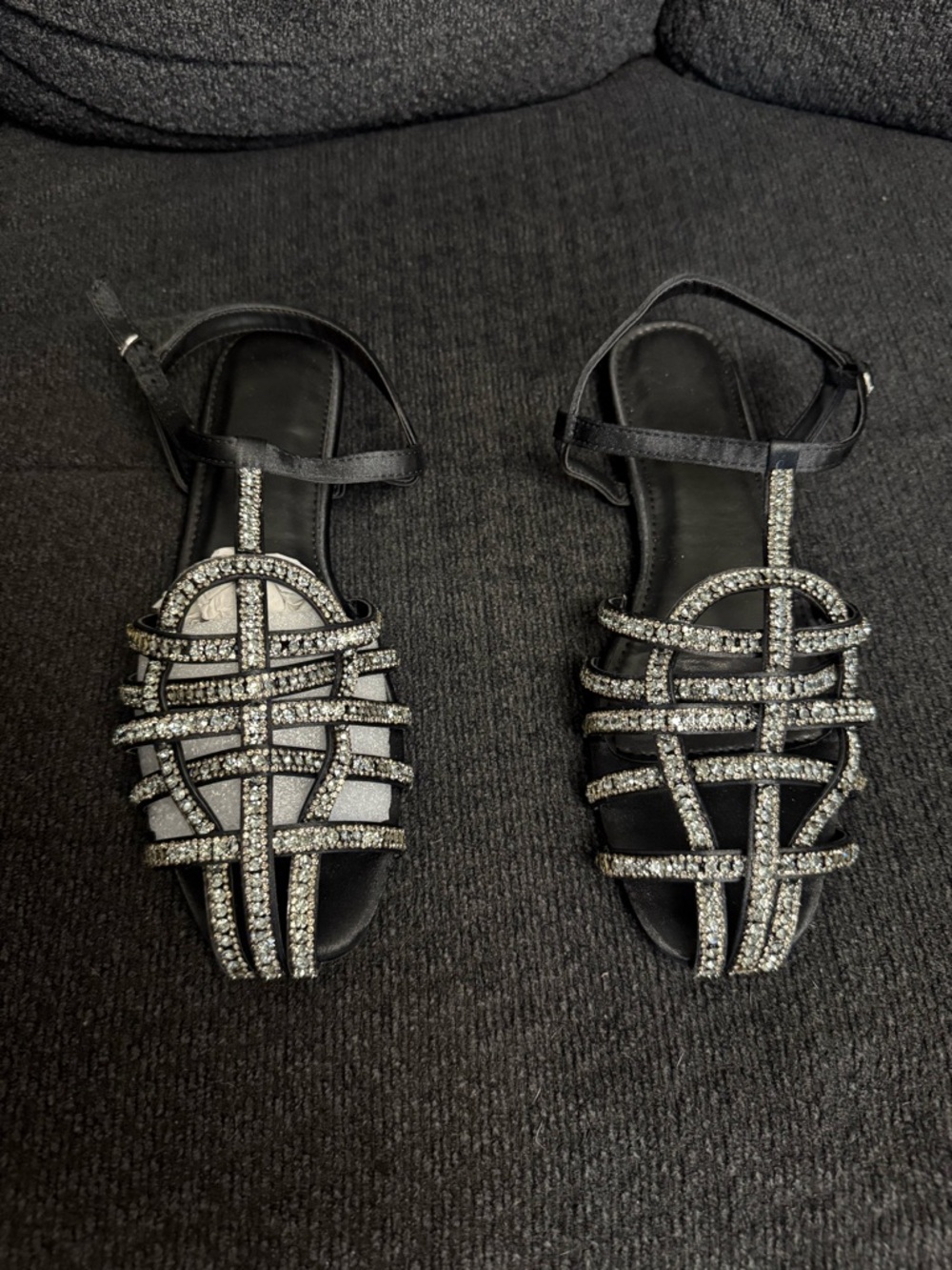 BAMBOO Black Rhinestone Strappy Flat Sandals